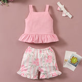 [12M-4Y] 3pcs Baby Girls Ribbed Rose Floral Print Sleeveless Set