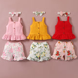 [12M-4Y] 3pcs Baby Girls Ribbed Rose Floral Print Sleeveless Set