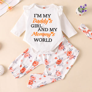 [12M-24M] 3pcs Baby Ribbed Ruffle Romper & Floral Print Set
