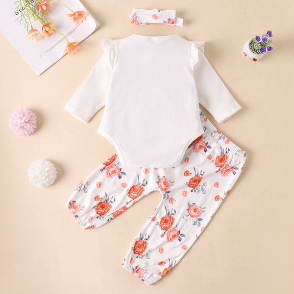 [12M-24M] 3pcs Baby Ribbed Ruffle Romper & Floral Print Set