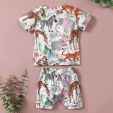 [6M-4Y] 2pcs Baby Cartoon Animal Print Short Sleeves Pants Suit