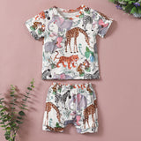 [6M-4Y] 2pcs Baby Cartoon Animal Print Short Sleeves Pants Suit