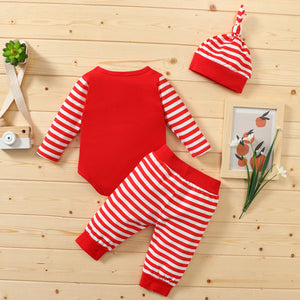 [6M-3Y] 3pcs Baby Christmas Romper & Red Stripes Set & Hat