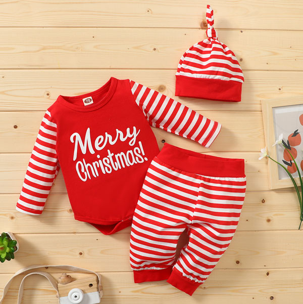 [6M-3Y] 3pcs Baby Christmas Romper & Red Stripes Set & Hat