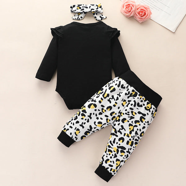 [6M-3Y] 3pcs Baby Girl Black Long-Sleeve Romper & Leopard Pant Set