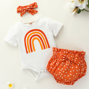 [6M-3Y] Baby Girl Orange Rainbow Romper & Star Pattern Shorts Set