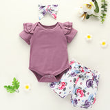 [6M-3Y] Baby Girl Purple Ruffle Romper & Rose Printed Shorts Set