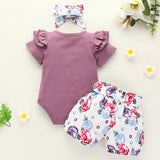 [6M-3Y] Baby Girl Purple Ruffle Romper & Rose Printed Shorts Set