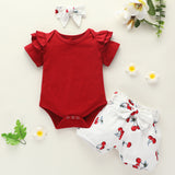 [6M-3Y] Baby Girl Red Ruffle Romper & Cherry Print Shorts Set