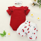 [6M-3Y] Baby Girl Red Ruffle Romper & Cherry Print Shorts Set