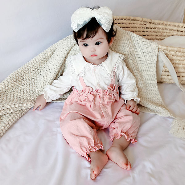 [3M-24M] Baby Girls Cute Pink Overalls With Lace Lapel Shirt