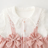 [3M-24M] Baby Girls Cute Pink Overalls With Lace Lapel Shirt