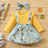 [6M-3Y] 2 pcs Baby Print Ruffled Long-Sleeved Strap Dress