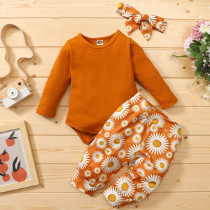 [6M-3Y] 3pcs Baby Ribbed Ruffle Long-sleeve Romper & Floral Print Set