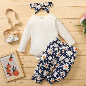 [6M-3Y] 3pcs Baby Ribbed Ruffle Long-sleeve Romper & Floral Print Set