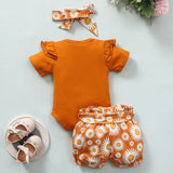 [3M-3Y] 3pcs Baby Ribbed Ruffle Short-sleeve Romper & Floral Print Set