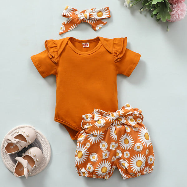 [3M-3Y] 3pcs Baby Ribbed Ruffle Short-sleeve Romper & Floral Print Set