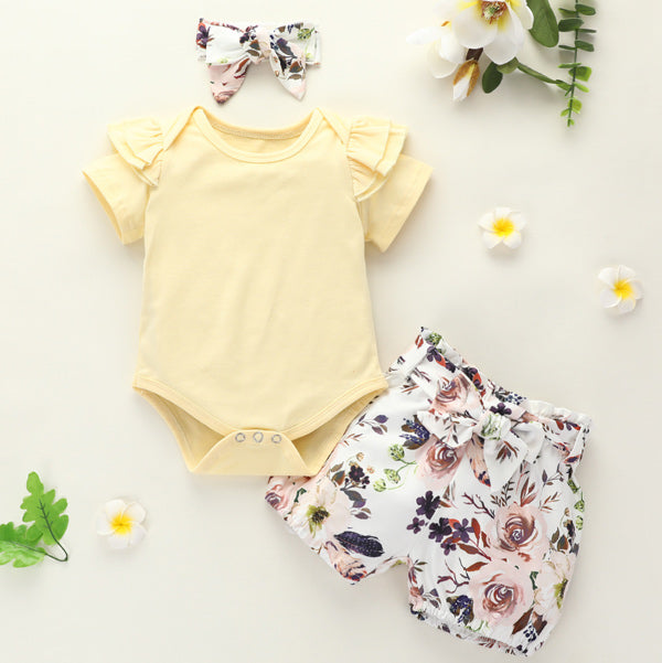 [6M-3Y] 3pcs Baby Yellow Ruffle Romper & Floral Printed Shorts Set
