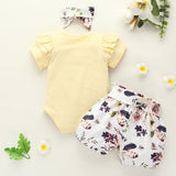 [6M-3Y] 3pcs Baby Yellow Ruffle Romper & Floral Printed Shorts Set