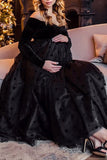 Black Off-the-shoulder Midi Maternity Dress With Sleeves