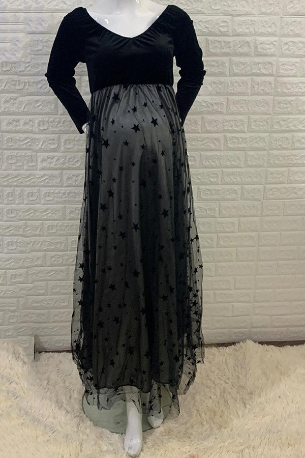 Black Off-the-shoulder Midi Maternity Dress With Sleeves