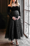 Black Off-the-shoulder Midi Maternity Dress With Sleeves
