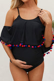 Black Tassel Trim Pregnancy One-Piece Maternity Swimsuit