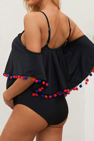 Black Tassel Trim Pregnancy One-Piece Maternity Swimsuit