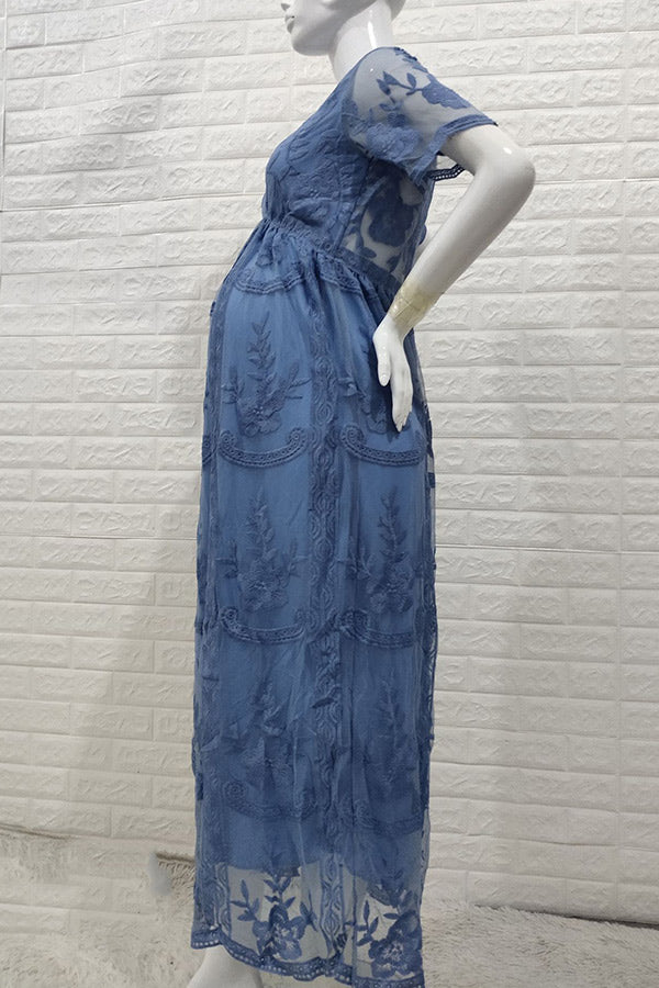blue maternity dresses for photoshoot Blue Lace Short Sleeves Maternity Dress Photoshoot Gown