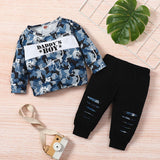 [6M-3Y] Boys Letter Print Stitching Long-Sleeved Sweatshirt Suit