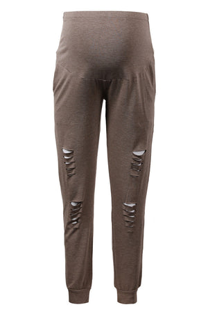 Brown Ripped Belly Support Pants Matenity Casual Pants