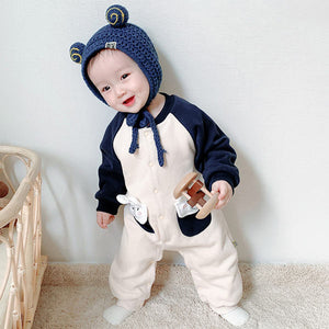 [3M-24M] Bunny Pattern Pocket ColorBlock Baseball Uniform Romper