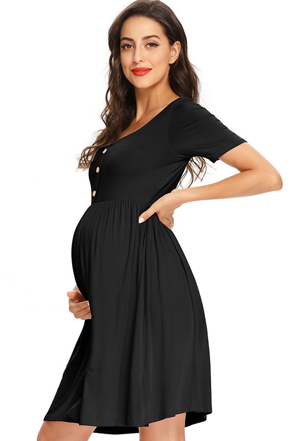 Casual Maternity Buttoned Short Dress With Sleeves Black / S Dresses