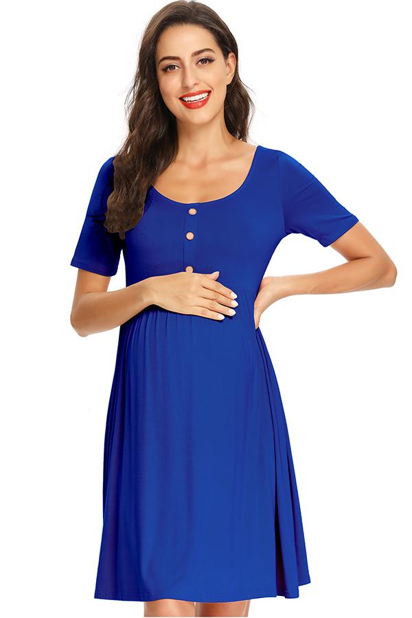 Casual Maternity Buttoned Short Dress With Sleeves Royal Blue / S Dresses