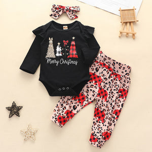 [6M-3Y] 3pcs Christmas Long-Sleeve Romper & Leopard Pant Set