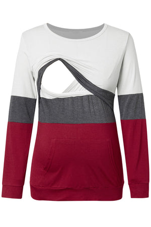 Color Block Long-Sleeved Pajamas Warm Cotton Nursing Top