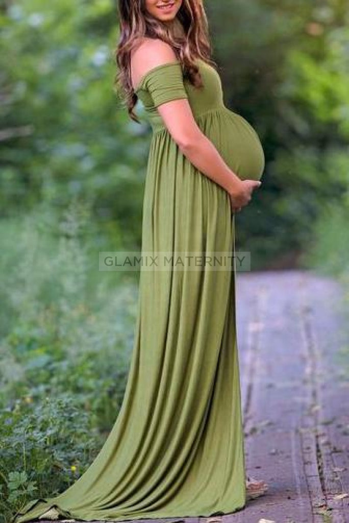 Comfy High Slit Off-the-shoulder Baby Shower Dress Glamix Maternity Comfy High Slit Off-the-shoulder Baby Shower Dress Glamix Maternity