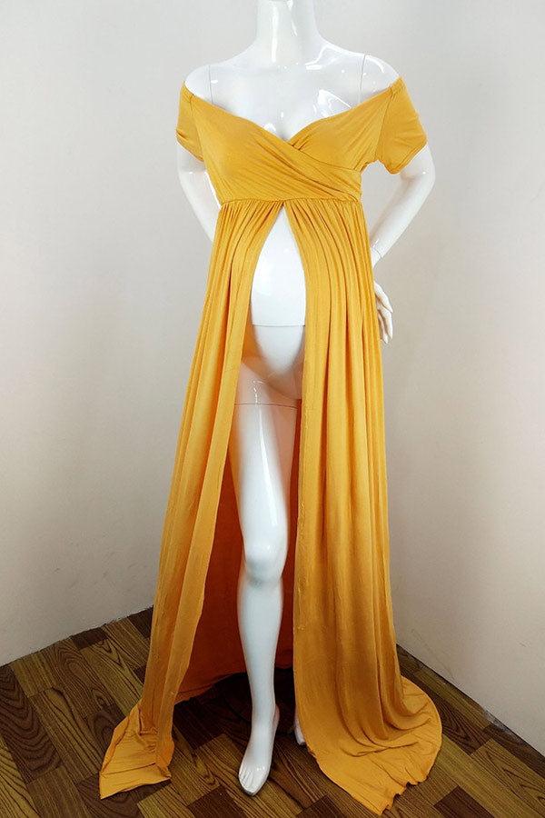 Comfy High Slit Off-the-shoulder Baby Shower Dress Glamix Maternity Comfy High Slit Off-the-shoulder Baby Shower Dress Glamix Maternity