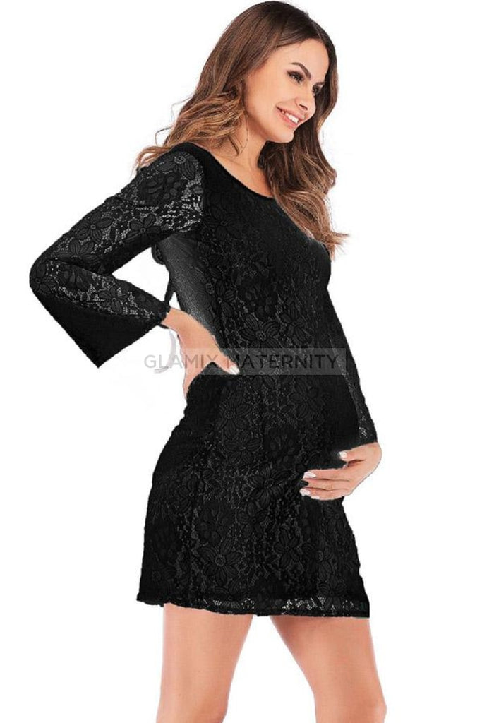 Comfy Lace Short Maternity Dress With Sleeves, Black / L Comfy Lace Short Maternity Dress With Sleeves, Black / L