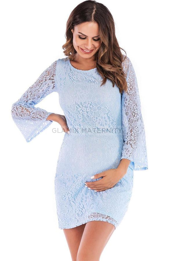 Comfy Lace Short Maternity Dress With Sleeves, Light Sky Blue / 2XL Comfy Lace Short Maternity Dress With Sleeves, Light Sky Blue / 2XL