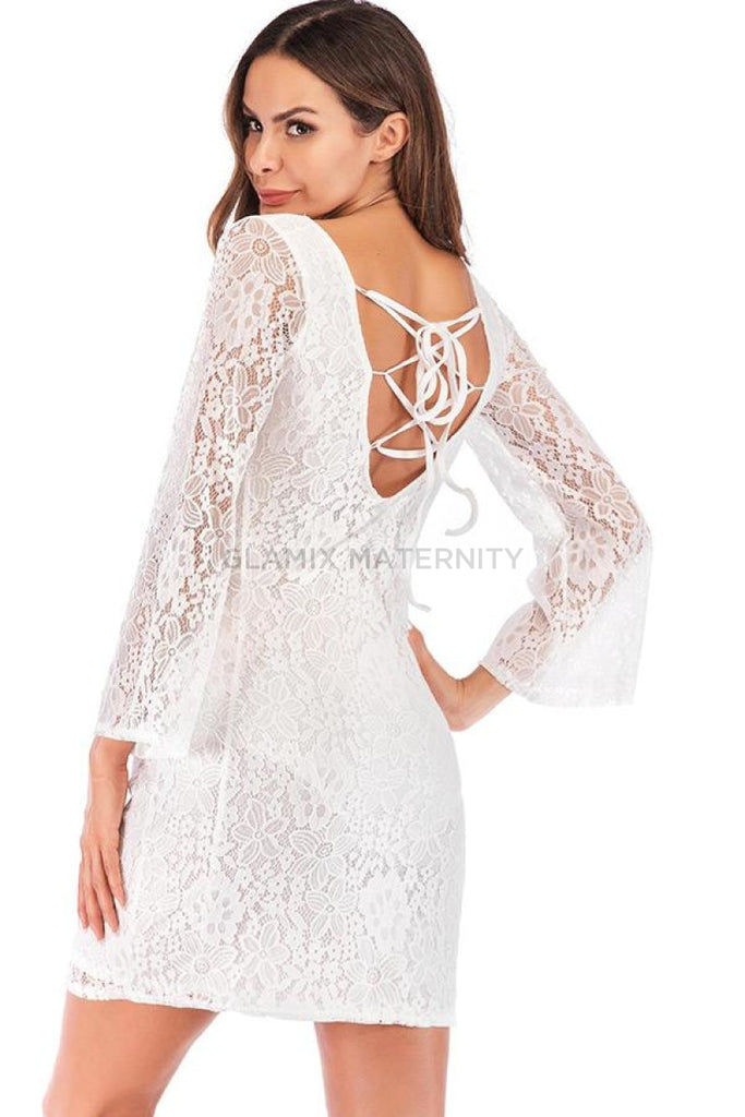 Comfy Lace Short Maternity Dress With Sleeves, White / 2XL Comfy Lace Short Maternity Dress With Sleeves, White / 2XL