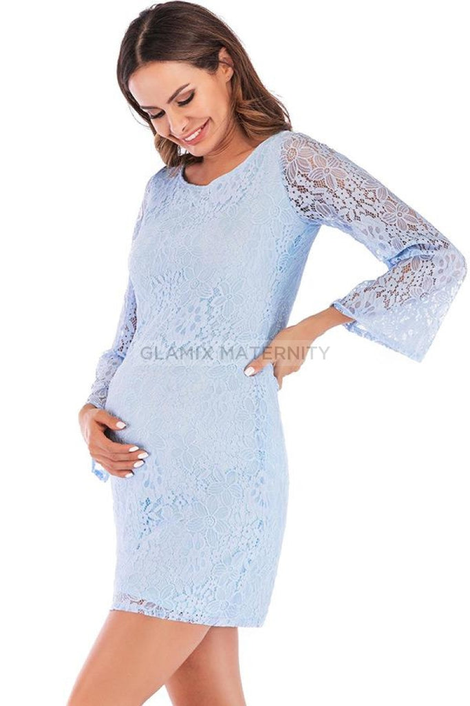 Comfy Lace Short Maternity Dress With Sleeves, Light Sky Blue / 2XL Comfy Lace Short Maternity Dress With Sleeves, Light Sky Blue / 2XL