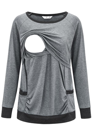 Cotton Breastfeeding Top Soli-Ccolor Comfortable Long-Sleeved Pajamas