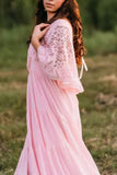 Custom Pink Lace Puffy Sleeves Maternity Photoshoot Gown