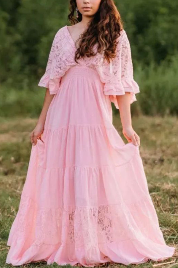 Custom Pink Lace Puffy Sleeves Maternity Photoshoot Gown