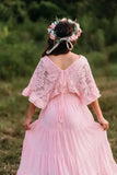 Custom Pink Lace Puffy Sleeves Maternity Photoshoot Gown