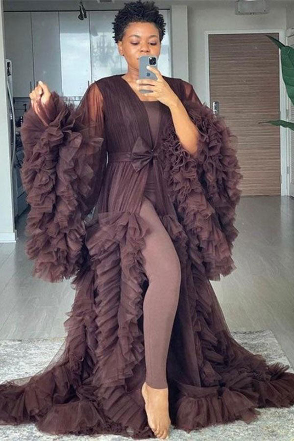 sheer ruffle maternity dress V-neck Tull Full Ruffles Backless Cloud Dress Maternity Dress for Photoshoot YW243132 28W / N115