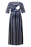 Dark Navy Striped Maternity Dress Midi Nursing Dress