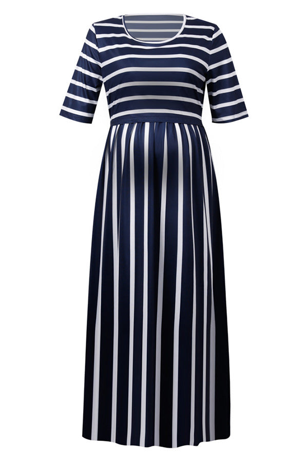 Dark Navy Striped Maternity Dress Midi Nursing Dress | GLAMIX Glamix Maternity Dark Navy Striped Maternity Dress Midi Nursing Dress | GLAMIX Glamix Maternity