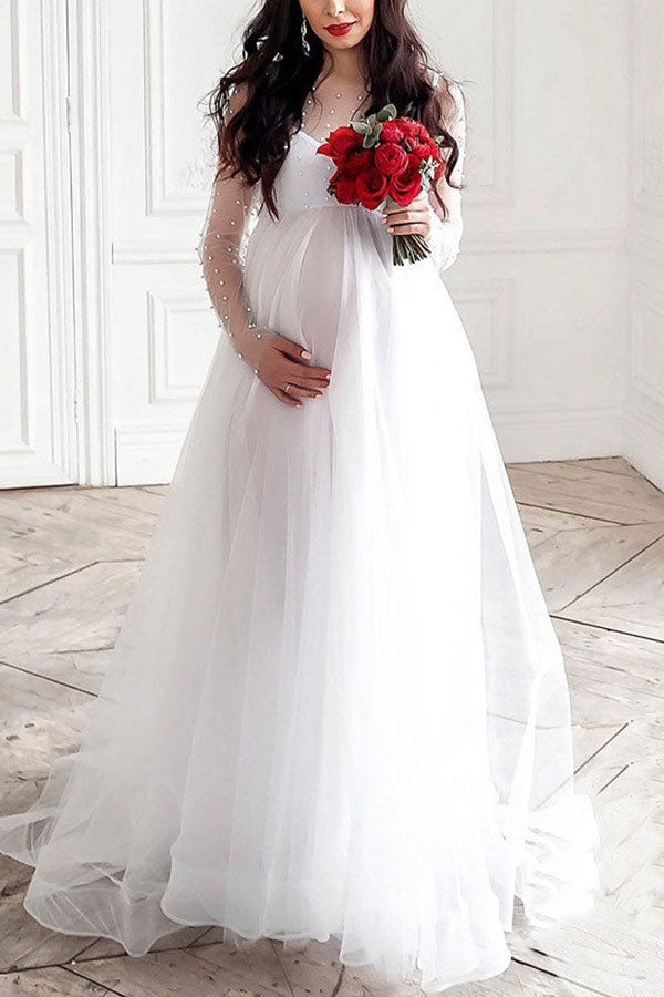 Elegant Lace Wedding Maxi Dress Pregnant Photoshoot Dress, Dark Navy / L